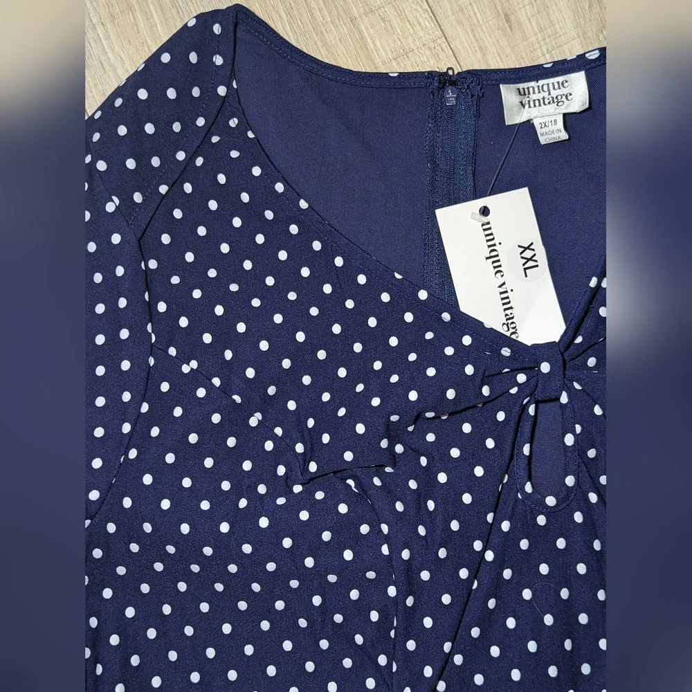 Unique Vintage Navy & White Polka Dot Long Sleeve Fit-and-Flare Dress - Picture 4 of 12